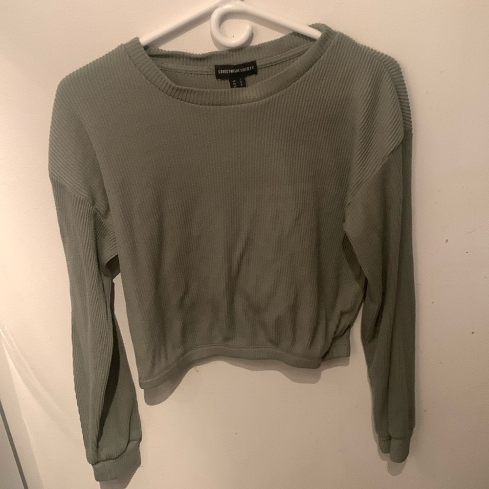 Fabulous Streetwear Society Light Olive Corduroy Crop Top Crewneck Sweater SZ L